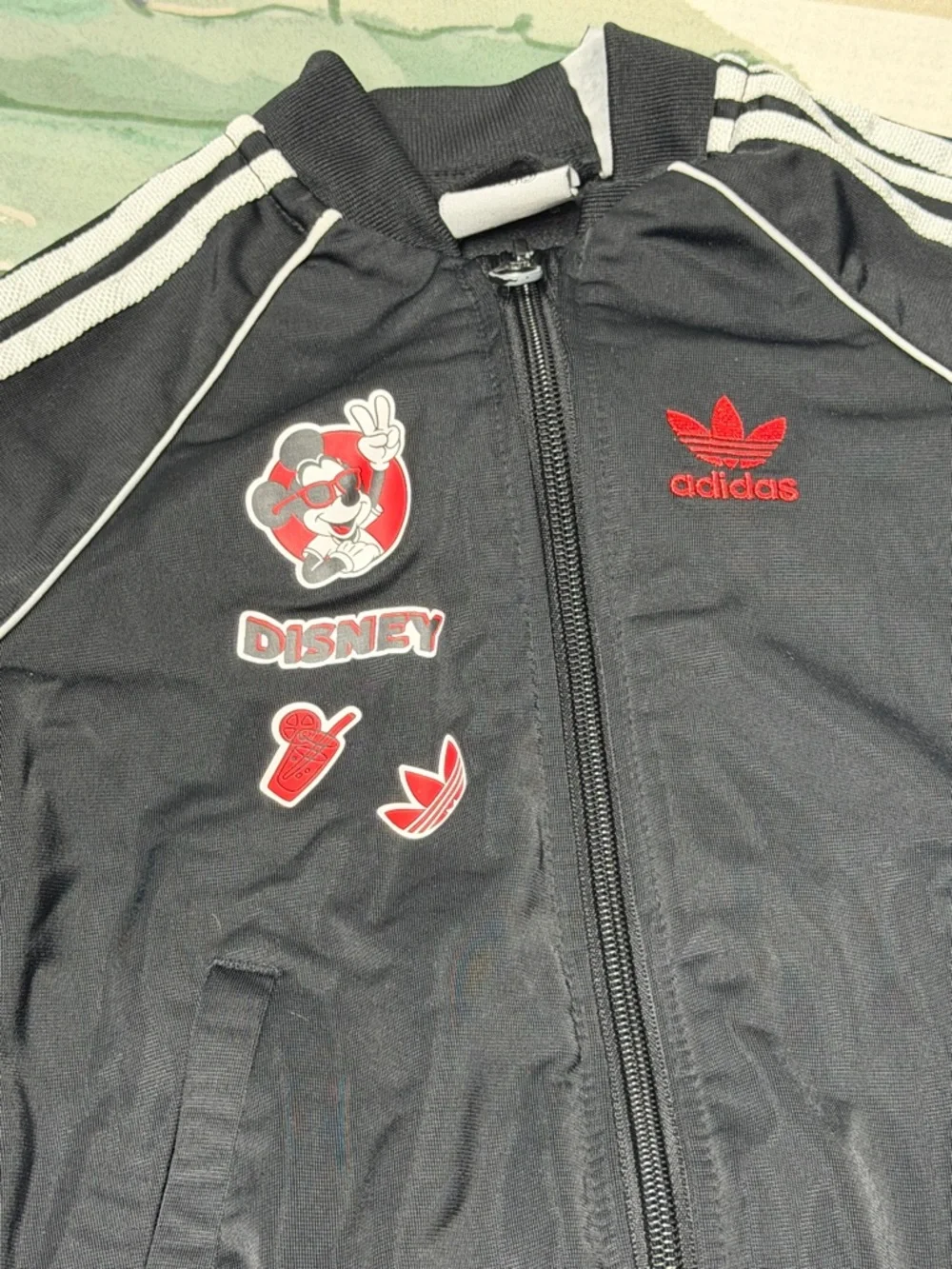 adidas Disney Black Track Jacket White Stripes and Red Accents 3T zipper front